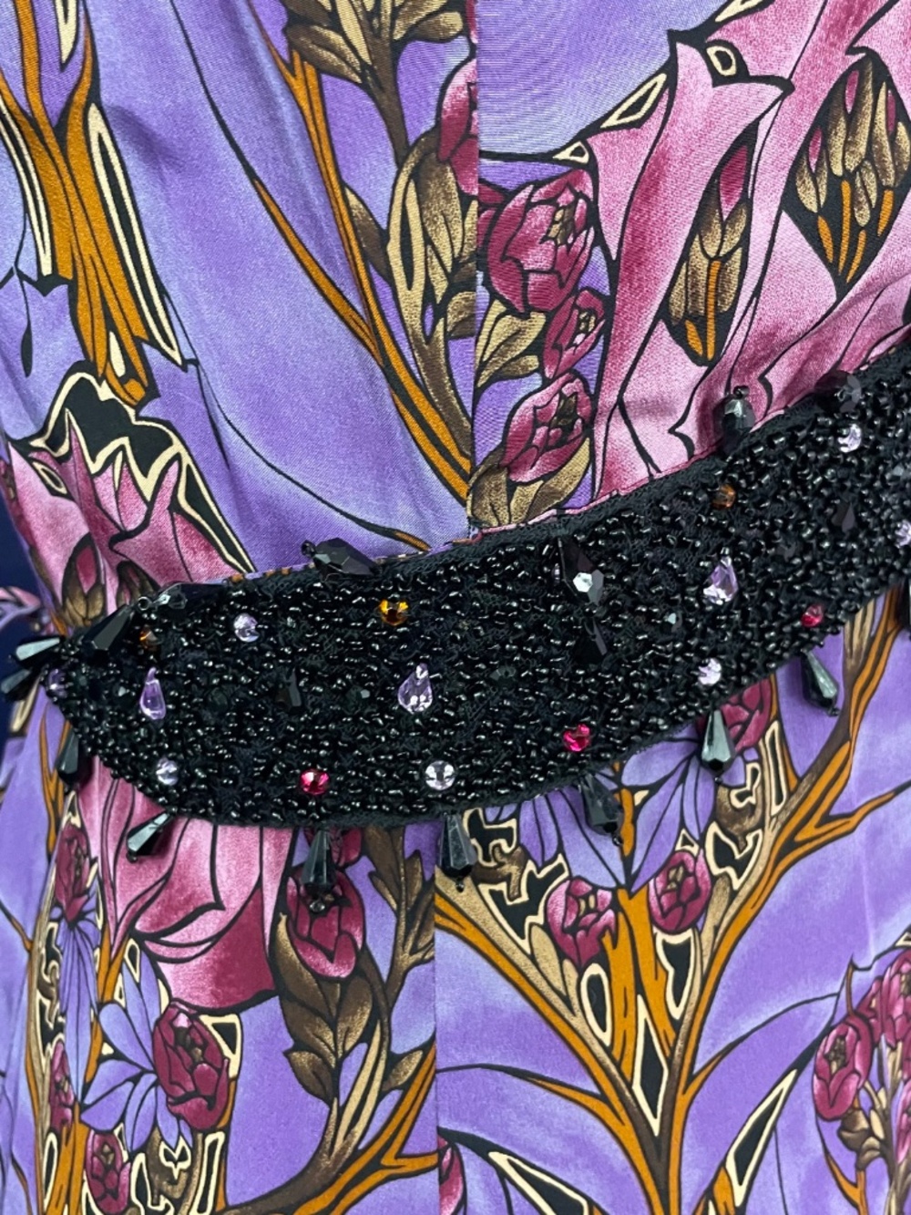 Tracy Reese 100% Silk Dress 6 Y2K Rhinestone Jeweled Floral Empire Waist Purple - Picture 9 of 14